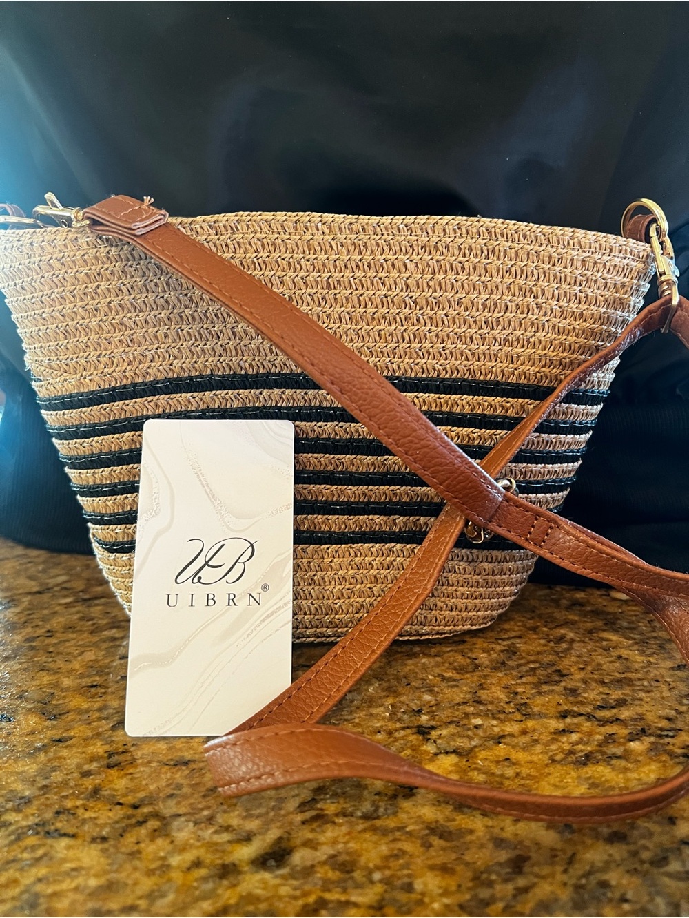 UIBRN Woven Straw Crossbody Bag purse Natural with Black Stripes and Tan Strap